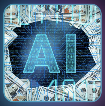 The Teen AI Founder logo, featuring AI lettering surrounded by dollar bills and digital circuitry